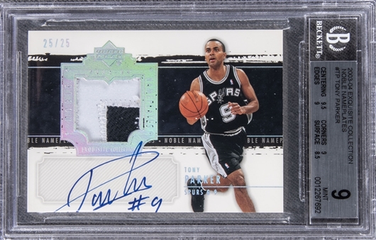 2003-04 UD "Exquisite Collection" Noble Nameplates #TP Tony Parker Signed Game Used Patch Card (#25/25) – BGS MINT 9/BGS 8